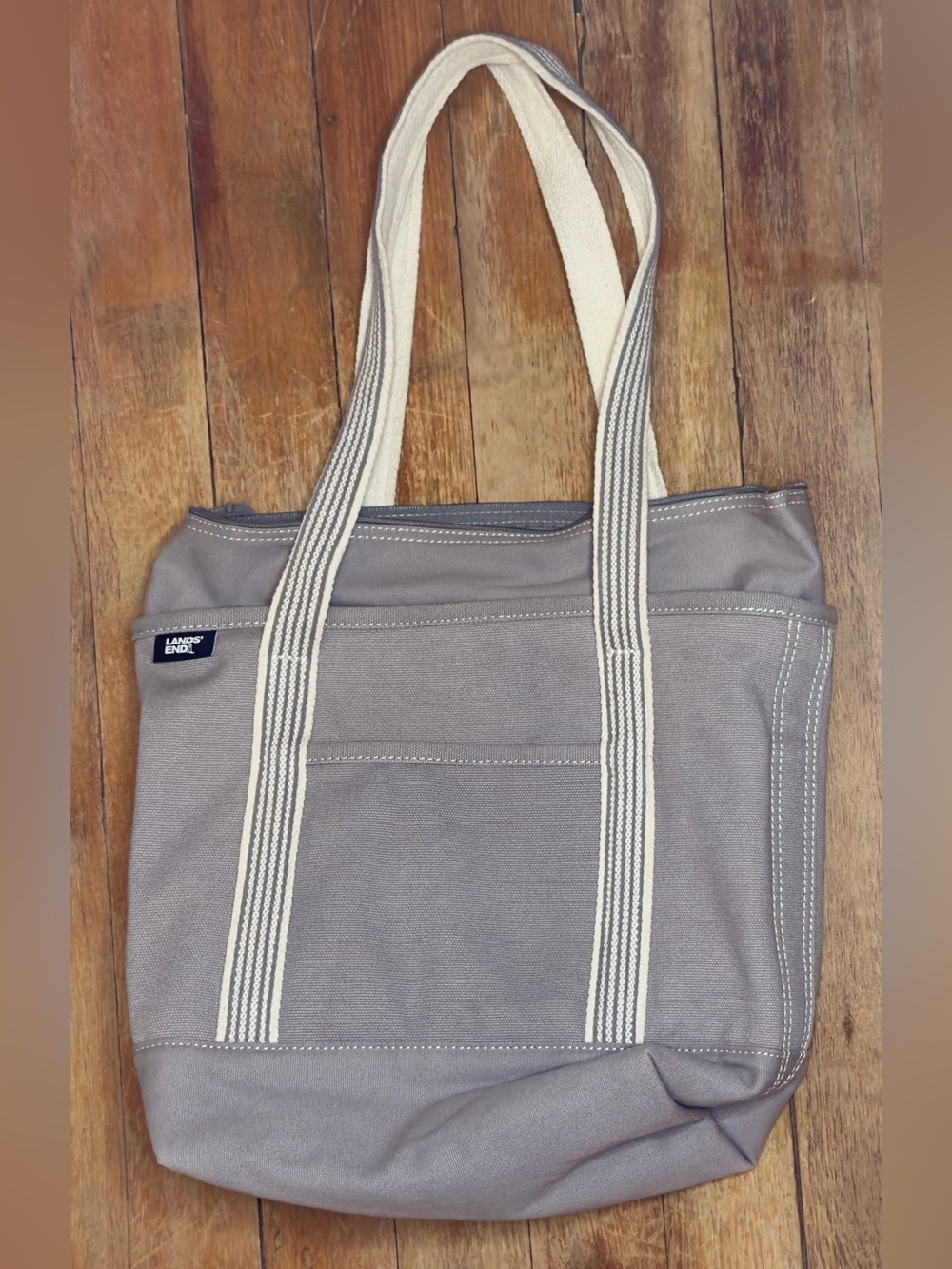 Lands' End gray medium canvas tote with zipper & long handles